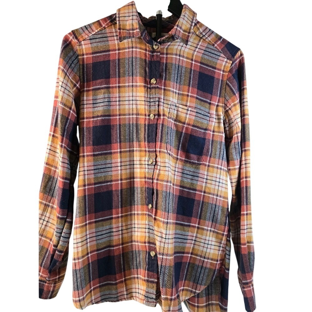 American Eagle Plaid Boyfriend Fit Button Down Shirt Orange Navy‎ Small